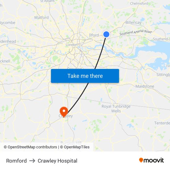 Romford to Crawley Hospital map