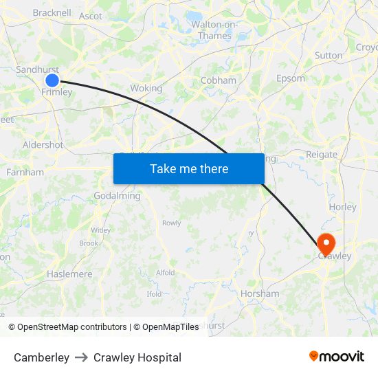 Camberley to Crawley Hospital map