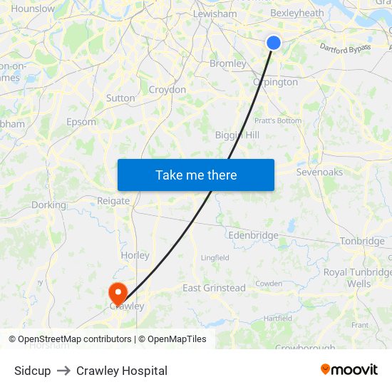 Sidcup to Crawley Hospital map