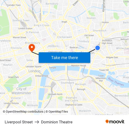 Liverpool Street to Dominion Theatre map