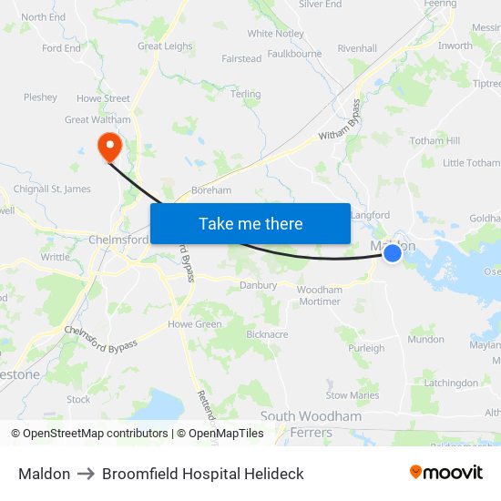 Maldon to Broomfield Hospital Helideck map