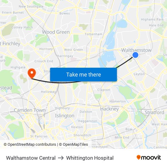 Walthamstow Central to Whittington Hospital map