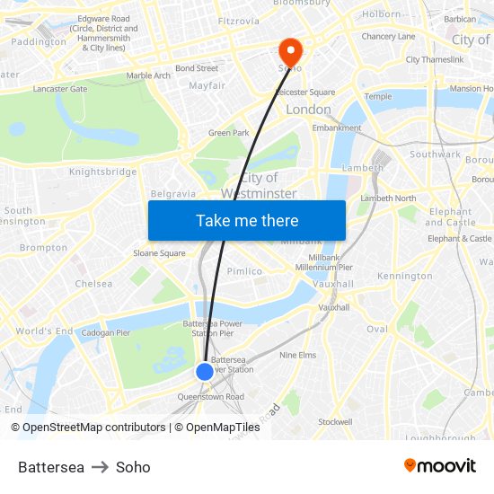 Battersea to Soho map