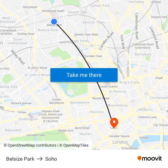 Belsize Park to Soho map