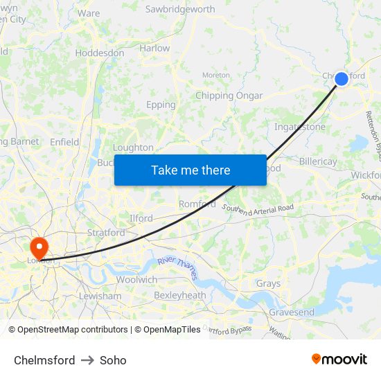 Chelmsford to Soho map