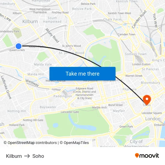 Kilburn to Soho map