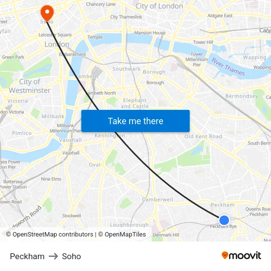 Peckham to Soho map