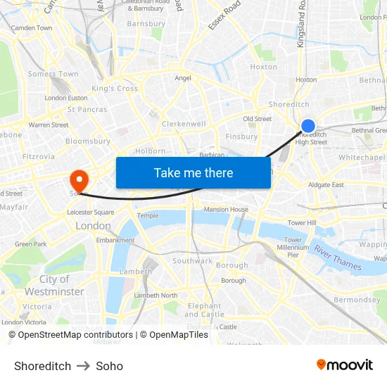 Shoreditch to Soho map