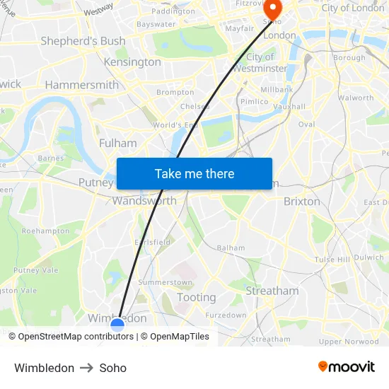Wimbledon to Soho map