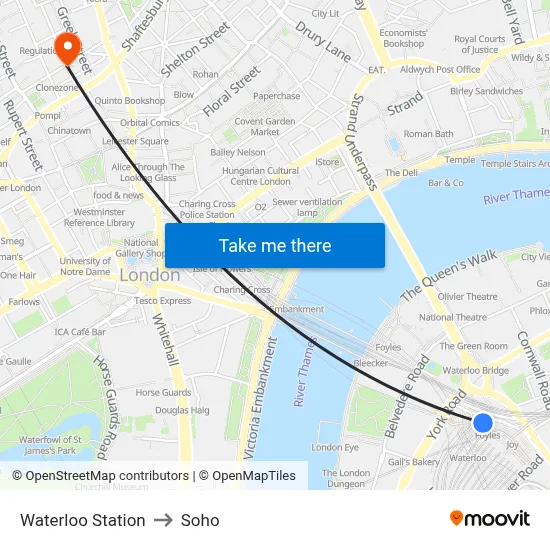 Waterloo Station to Soho map