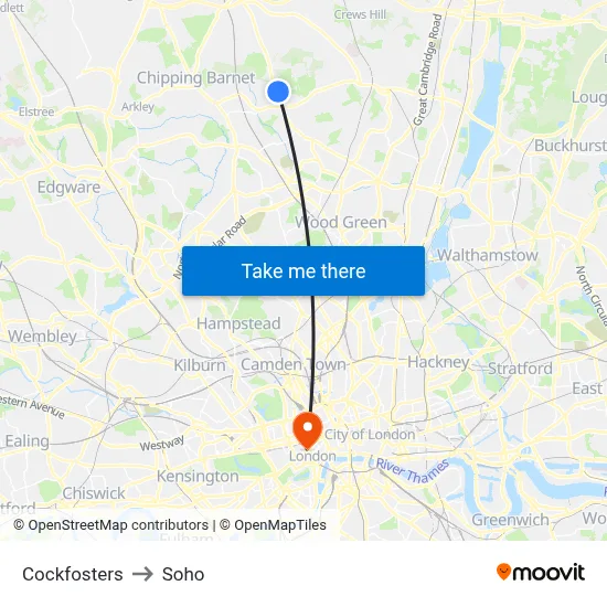 Cockfosters to Soho map