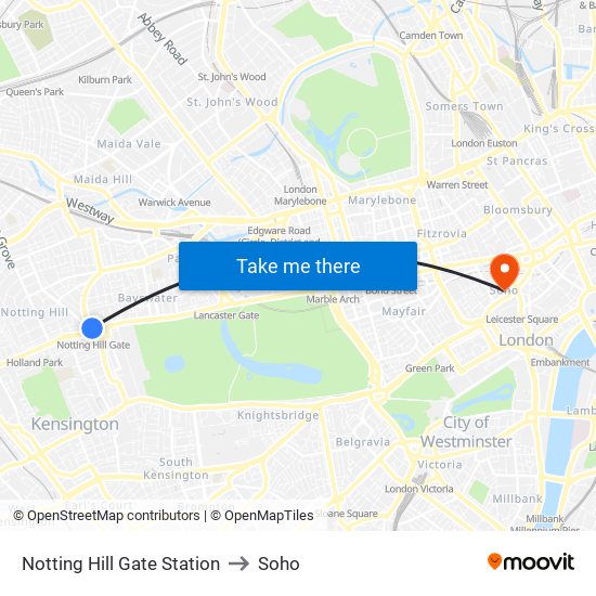 Notting Hill Gate Station to Soho map
