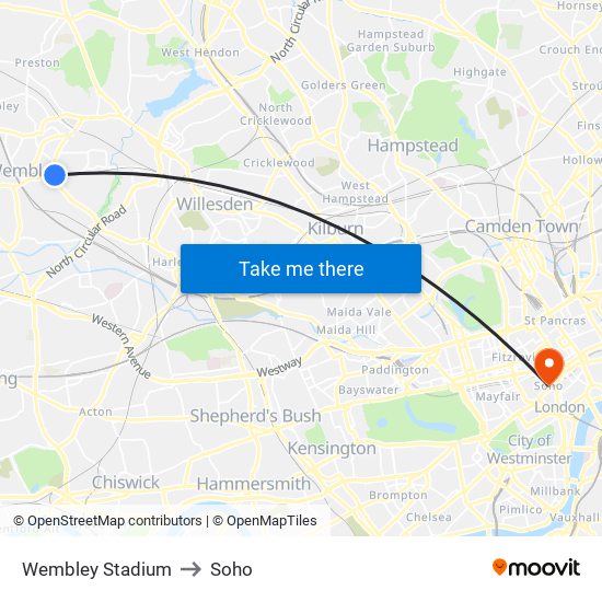 Wembley Stadium to Soho map