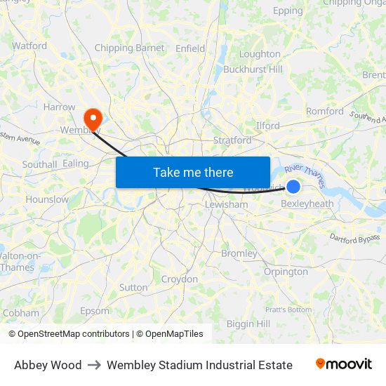 Abbey Wood to Wembley Stadium Industrial Estate map