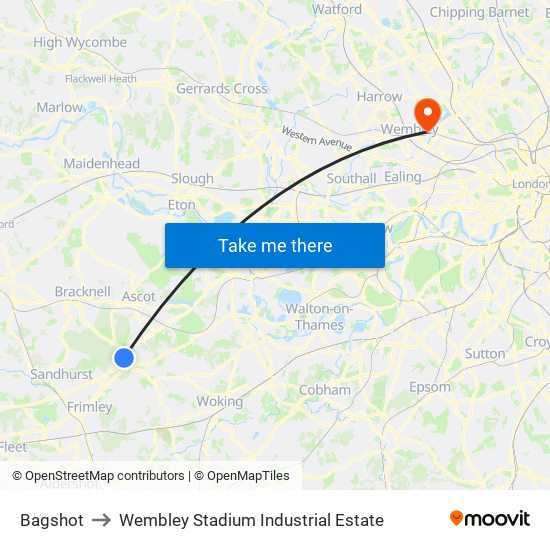 Bagshot to Wembley Stadium Industrial Estate map