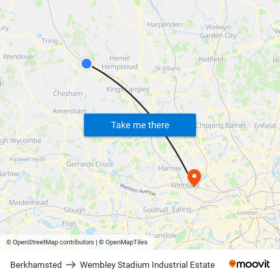 Berkhamsted to Wembley Stadium Industrial Estate map