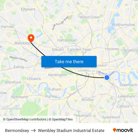 Bermondsey to Wembley Stadium Industrial Estate map