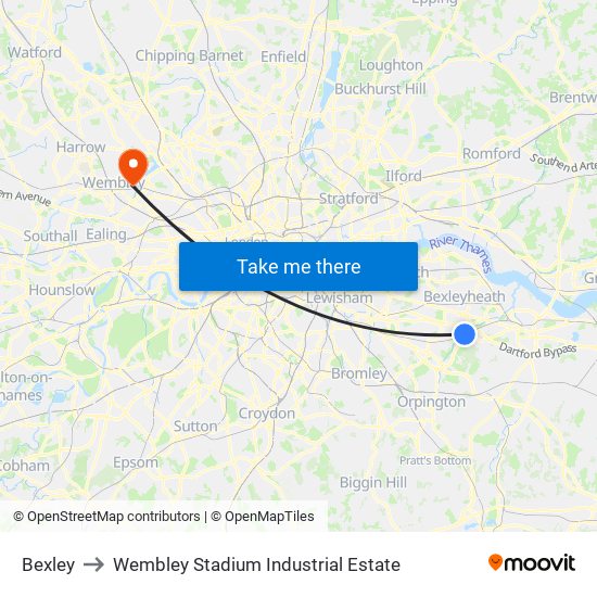 Bexley to Wembley Stadium Industrial Estate map