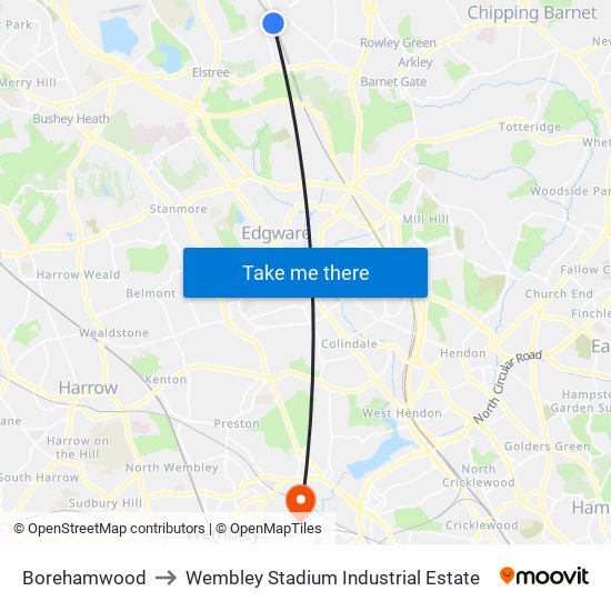 Borehamwood to Wembley Stadium Industrial Estate map