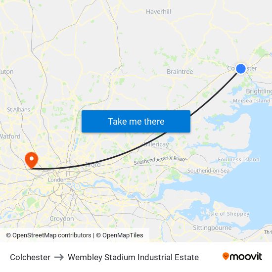 Colchester to Wembley Stadium Industrial Estate map