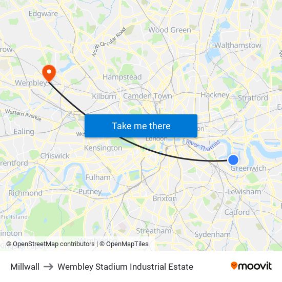 Millwall to Wembley Stadium Industrial Estate map