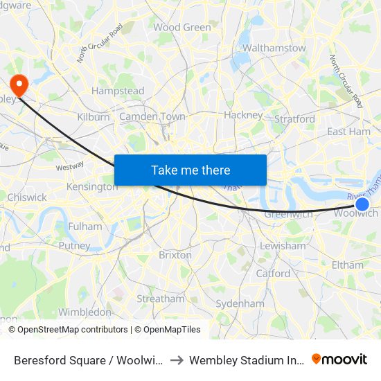 Beresford Square / Woolwich Arsenal Station to Wembley Stadium Industrial Estate map