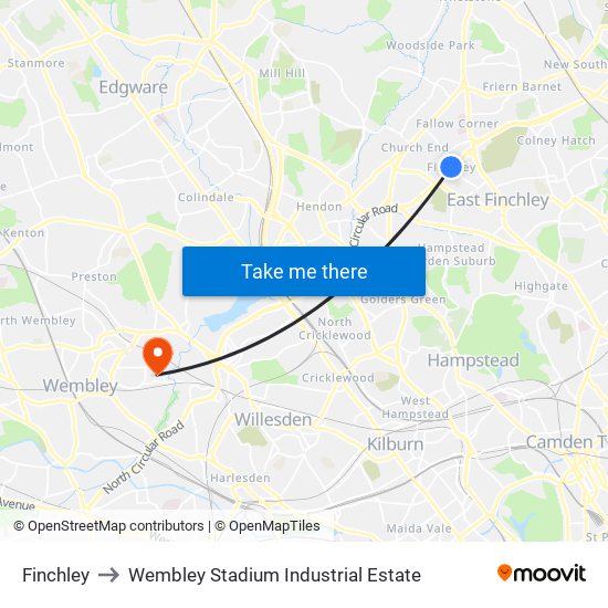 Finchley to Wembley Stadium Industrial Estate map