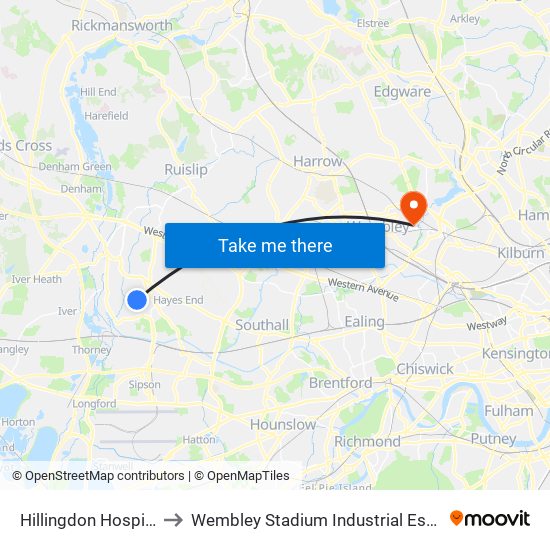 Hillingdon Hospital to Wembley Stadium Industrial Estate map