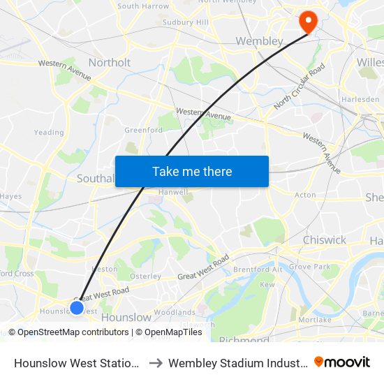 Hounslow West Station Car Park to Wembley Stadium Industrial Estate map