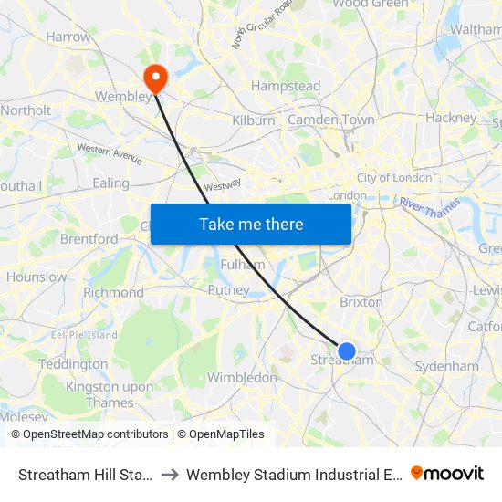 Streatham Hill Station to Wembley Stadium Industrial Estate map