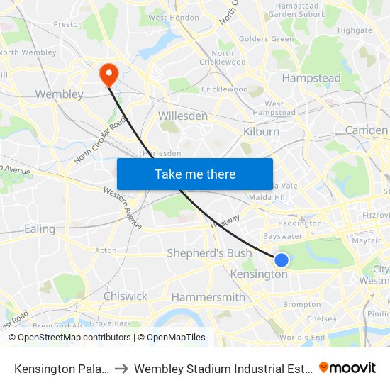 Kensington Palace to Wembley Stadium Industrial Estate map