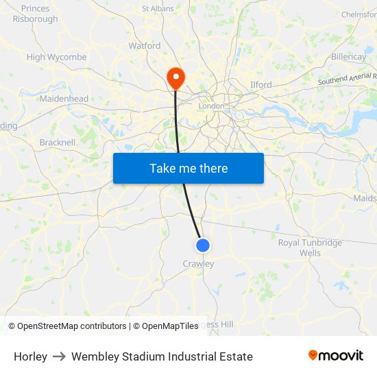 Horley to Wembley Stadium Industrial Estate map