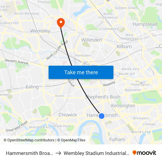 Hammersmith Broadway to Wembley Stadium Industrial Estate map