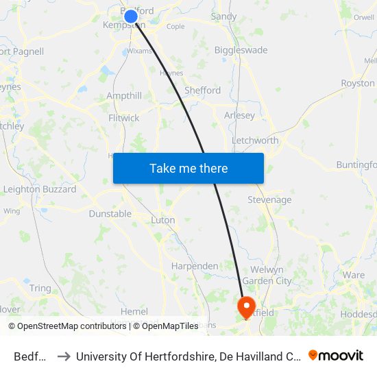 Bedford to University Of Hertfordshire, De Havilland Campus map