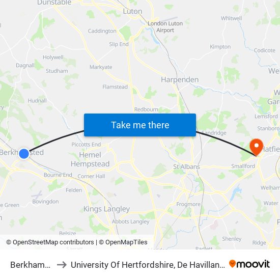 Berkhamsted to University Of Hertfordshire, De Havilland Campus map