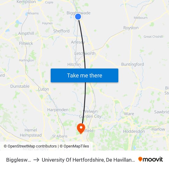 Biggleswade to University Of Hertfordshire, De Havilland Campus map