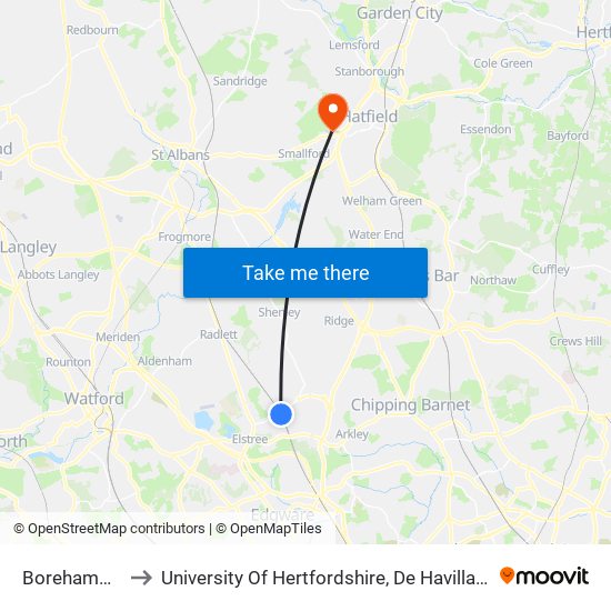 Borehamwood to University Of Hertfordshire, De Havilland Campus map