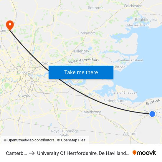 Canterbury to University Of Hertfordshire, De Havilland Campus map