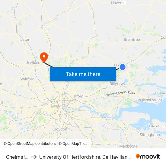 Chelmsford to University Of Hertfordshire, De Havilland Campus map