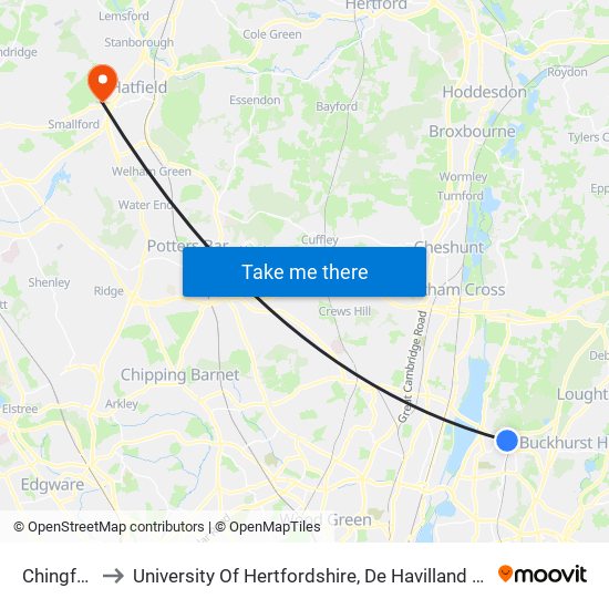 Chingford to University Of Hertfordshire, De Havilland Campus map