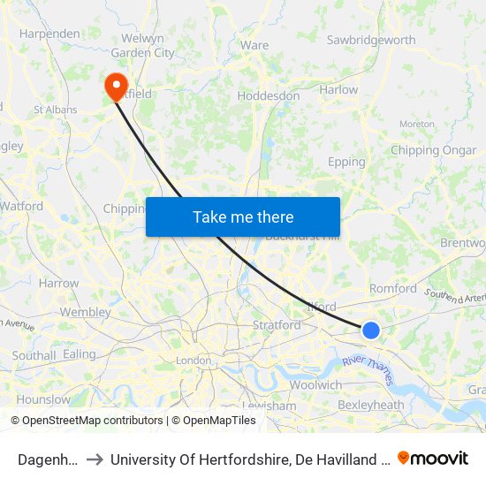 Dagenham to University Of Hertfordshire, De Havilland Campus map
