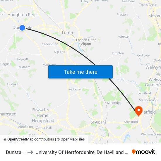 Dunstable to University Of Hertfordshire, De Havilland Campus map