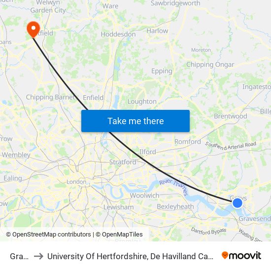 Grays to University Of Hertfordshire, De Havilland Campus map