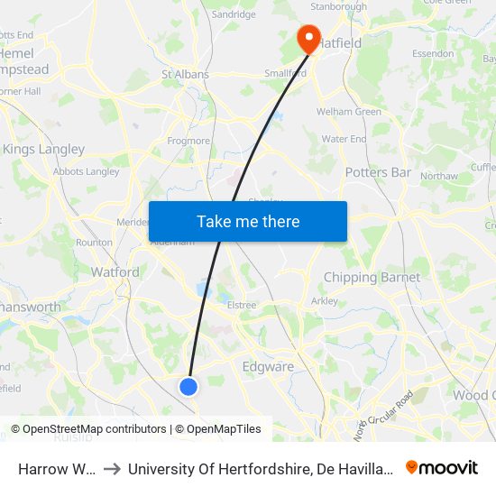 Harrow Weald to University Of Hertfordshire, De Havilland Campus map