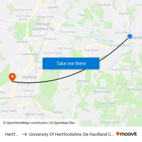 Hertford to University Of Hertfordshire, De Havilland Campus map