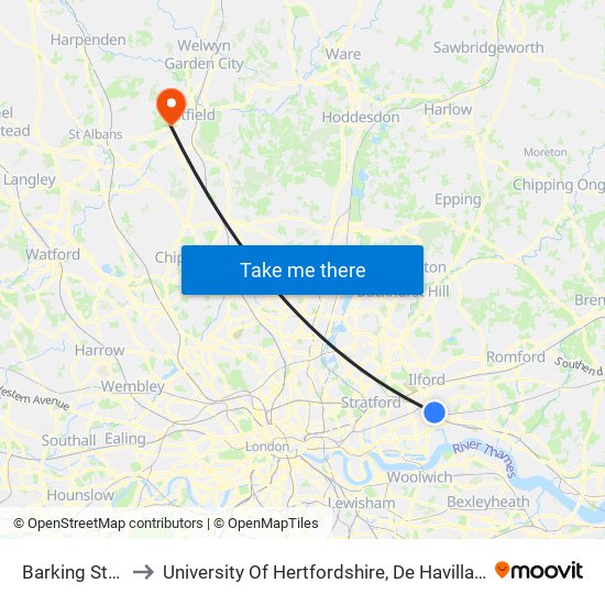 Barking Station to University Of Hertfordshire, De Havilland Campus map