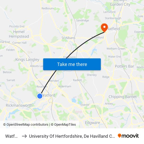 Watford to University Of Hertfordshire, De Havilland Campus map