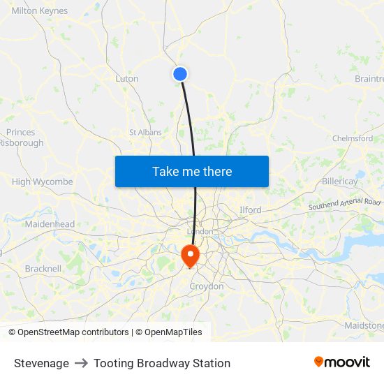 Stevenage to Tooting Broadway Station map