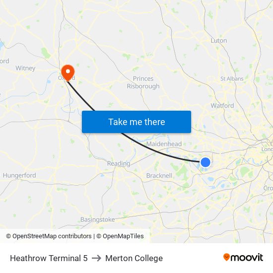 Heathrow Terminal 5 to Merton College map