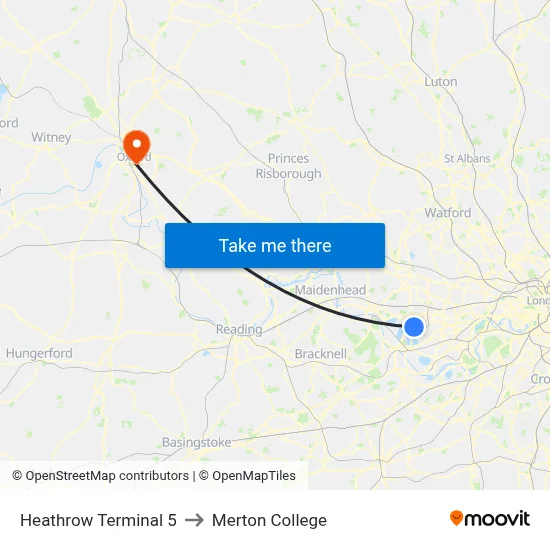 Heathrow Terminal 5 to Merton College map
